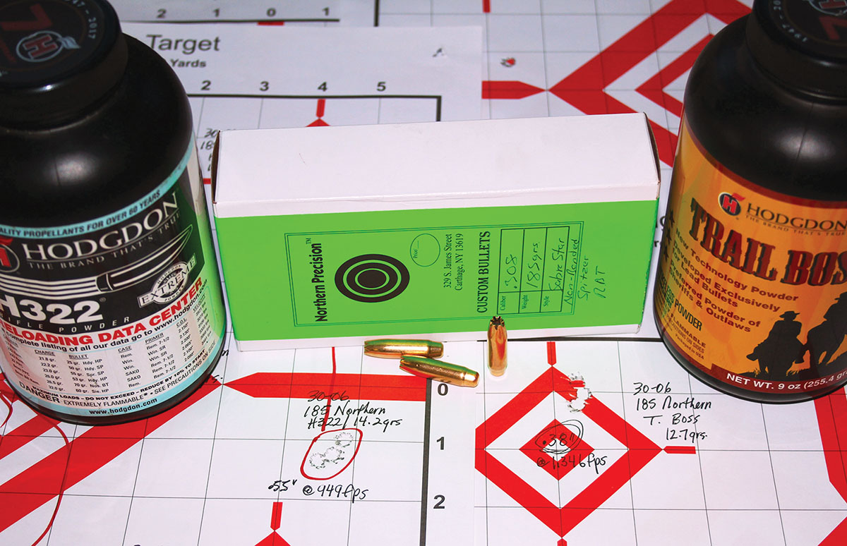 The 30-06 Springfield was loaded with Northern Precision’s Sabre Star Non-Bonded Spitzer Rebated boat-tail (instead of the roundnose). Using 14.2 grains of Hodgdon 322, a .55-inch group at a slow 949 fps resulted (left), and 12.7 grains of Trail Boss produced a tiny .38-inch group at a supersonic 1,346 fps (right). Both require some adjustment to meet the desired subsonic goal.